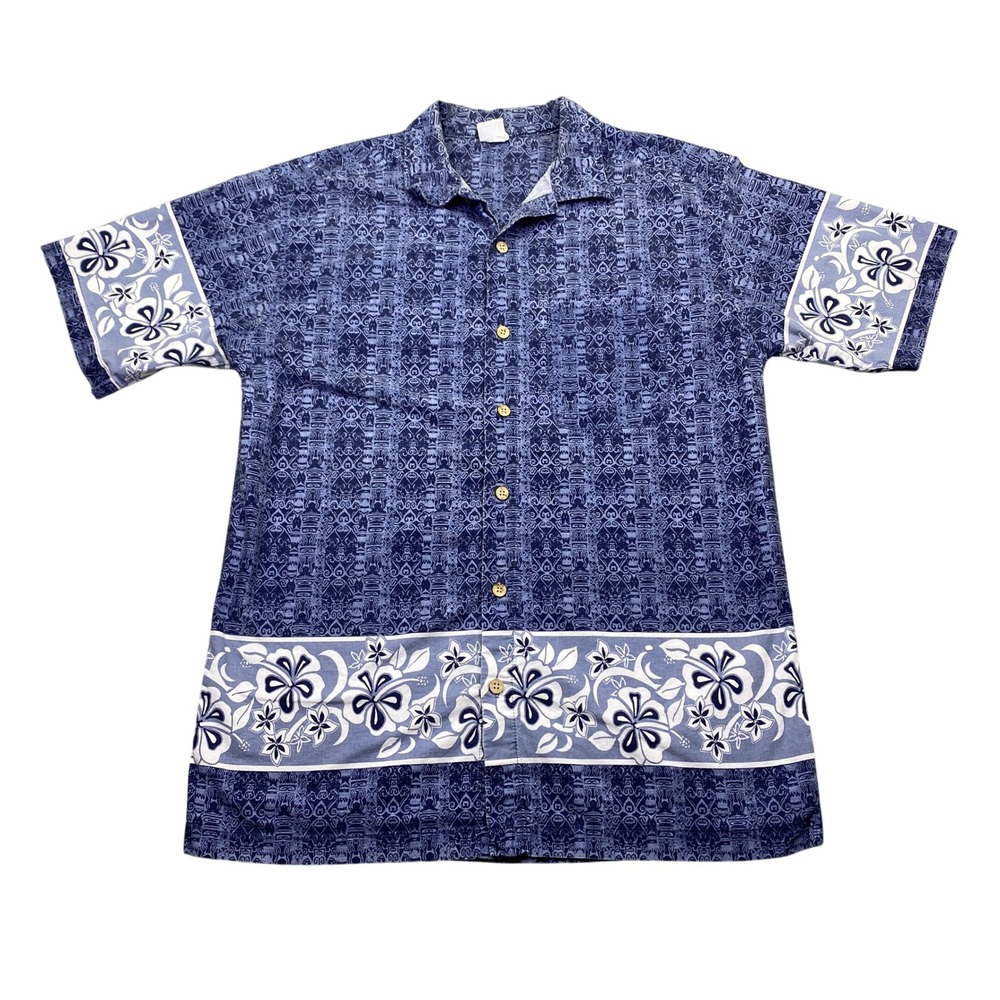 VTG Anchor Blue Mens Blue Tribal Tiki Hibiscus Floral Button Down Shirt XL USA
